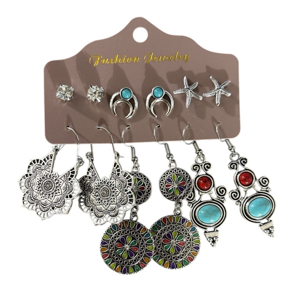 Silver Blue Boho Western Earrings Set 6 Pairs